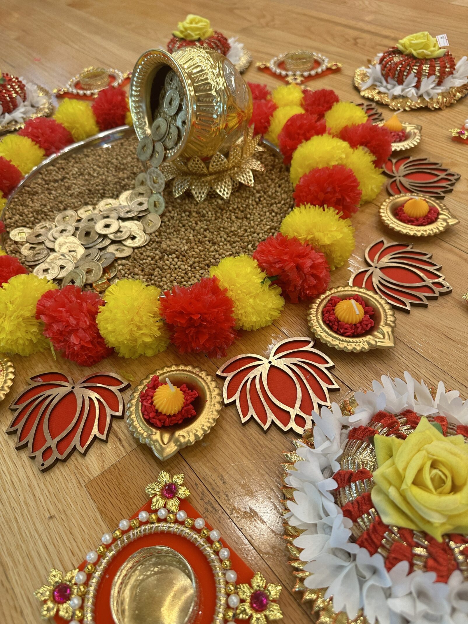 A table with red and yellow decorations on it