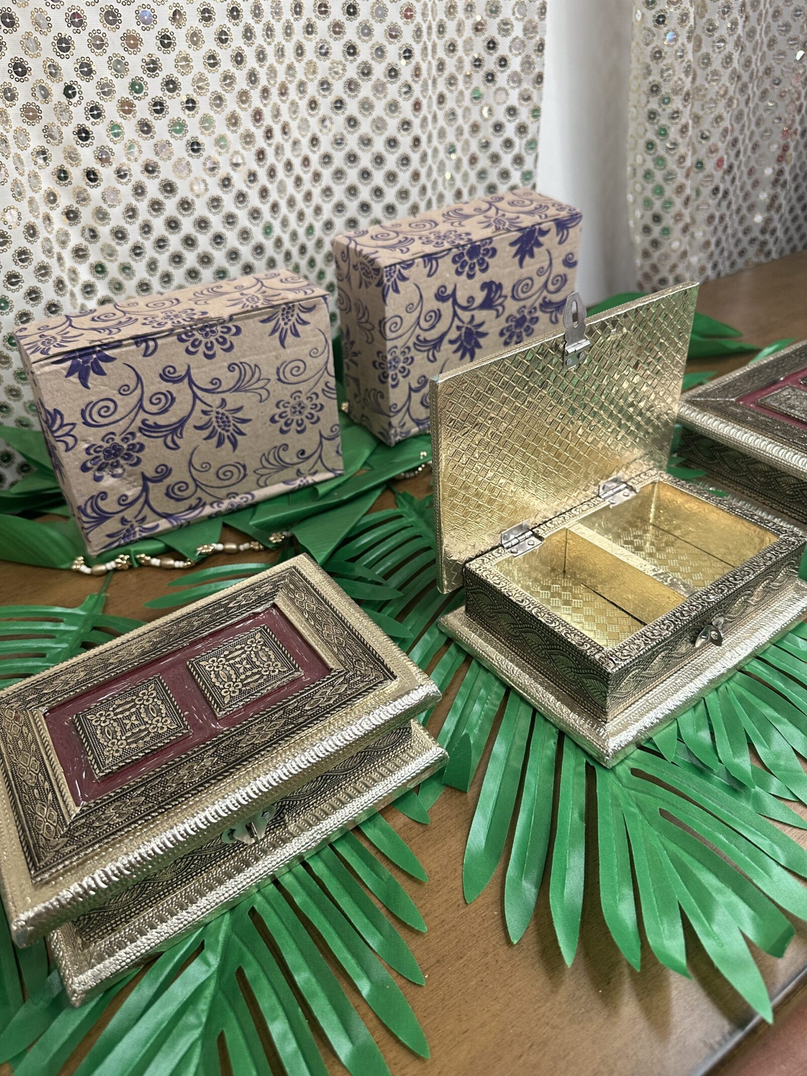 A table with several boxes on it